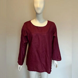 Fabindia Silk Burgundy Tunic Blouse Side Button Long Sleeve Boho Lagenlook Sz XL